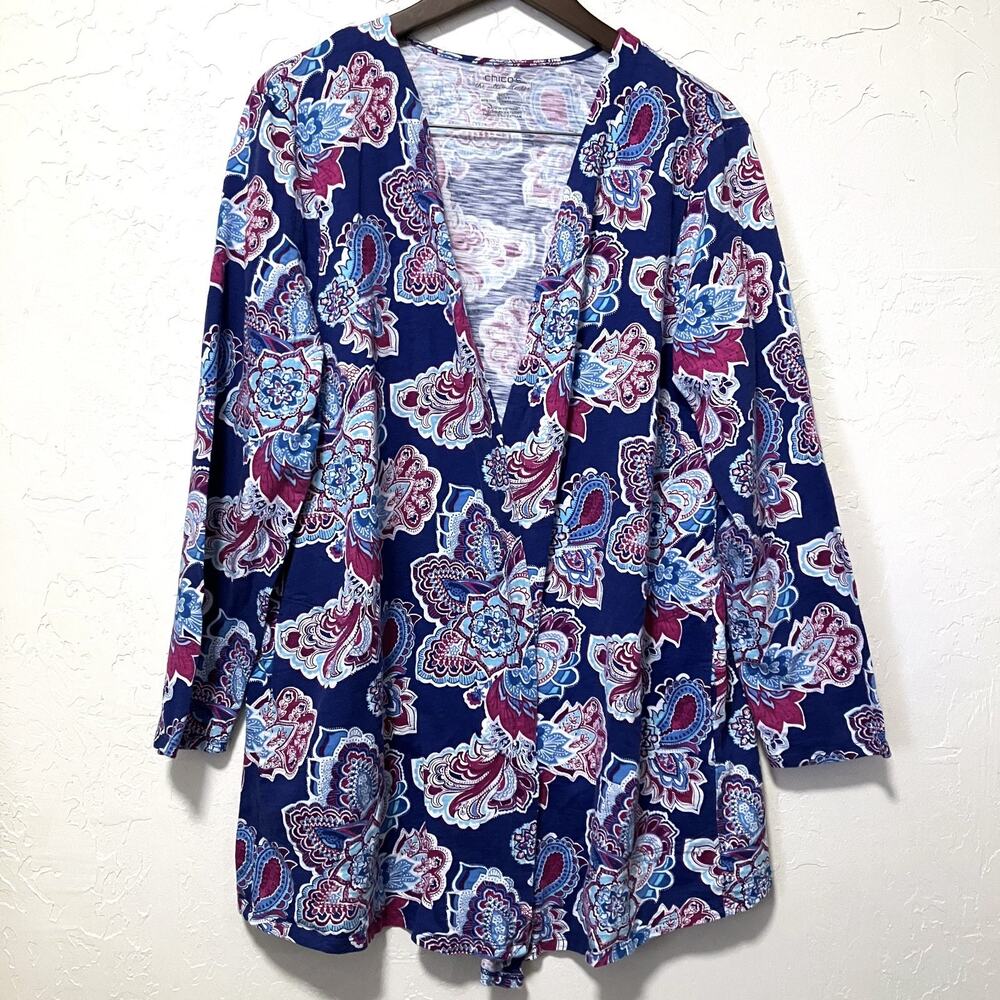Chico’s Sz 3/XL Blue Paisley Open Front Cardigan Boho Pockets Layer Cotton Modal